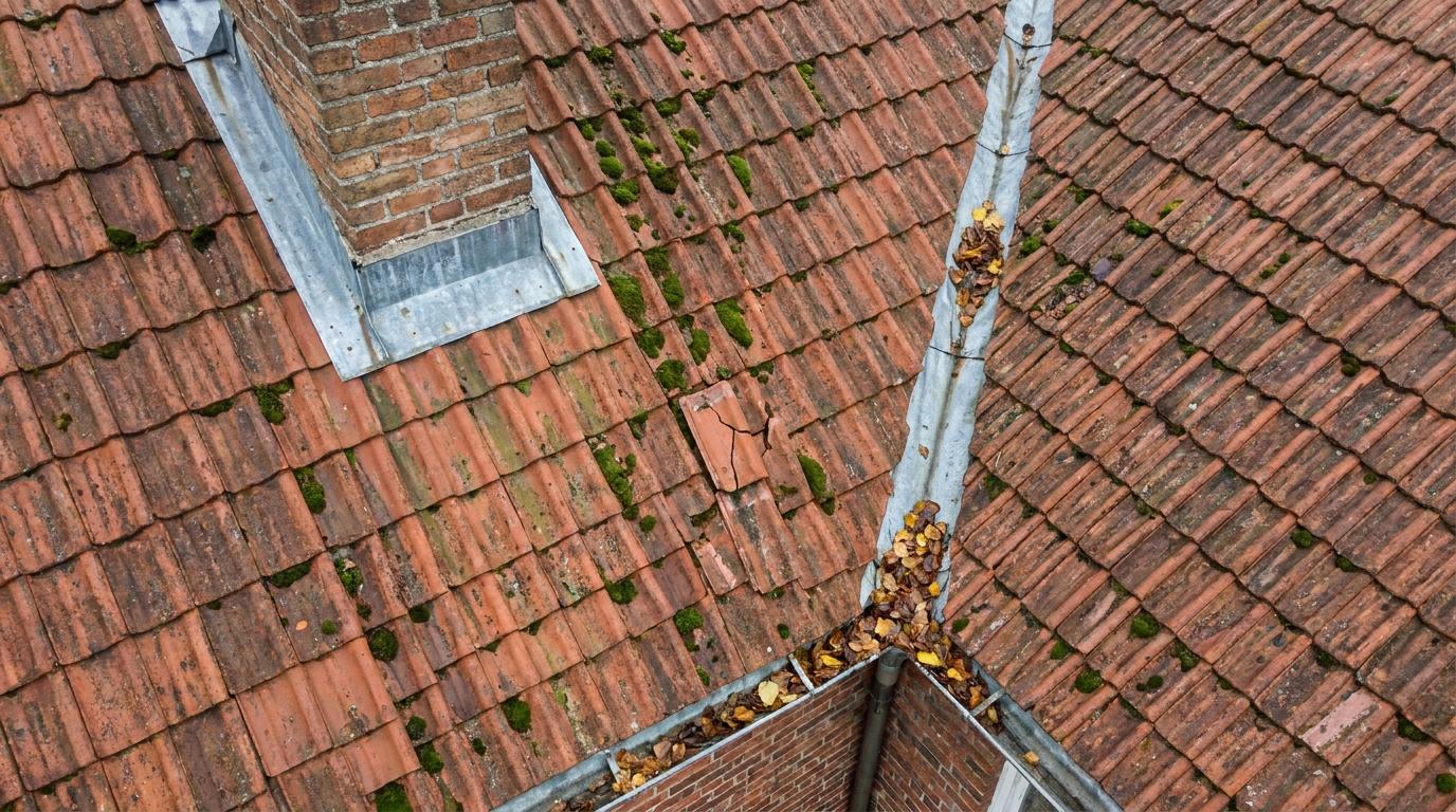 Drönarbild snett ovanifrån av ett rött tegeltak med mossa, en sprucken takpanna, en murad skorsten med plåtbeslag och en ränndal full av höstlöv