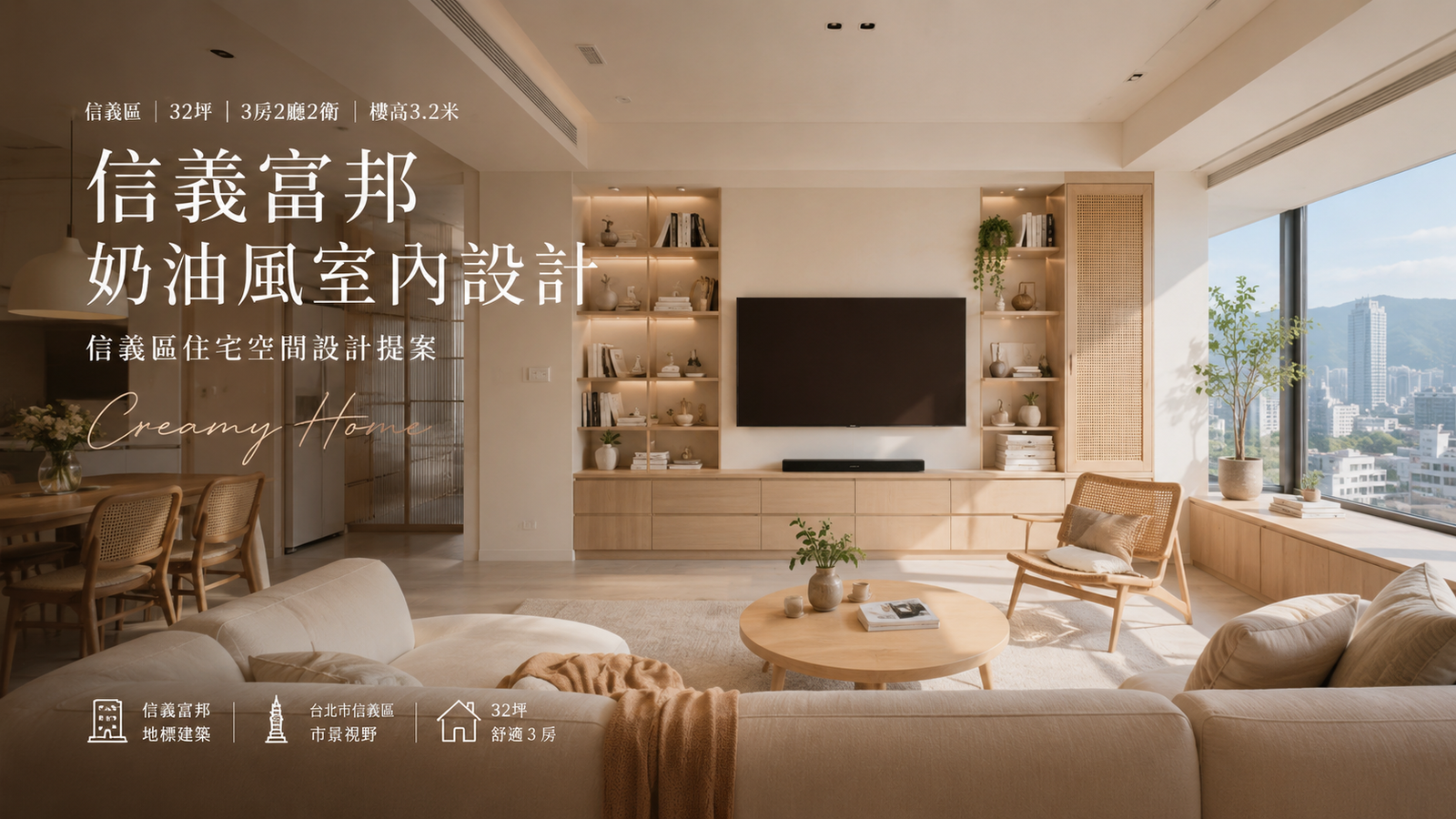 信義富邦奶油風室內設計｜信義區住宅空間設計提案餐廳室內設計