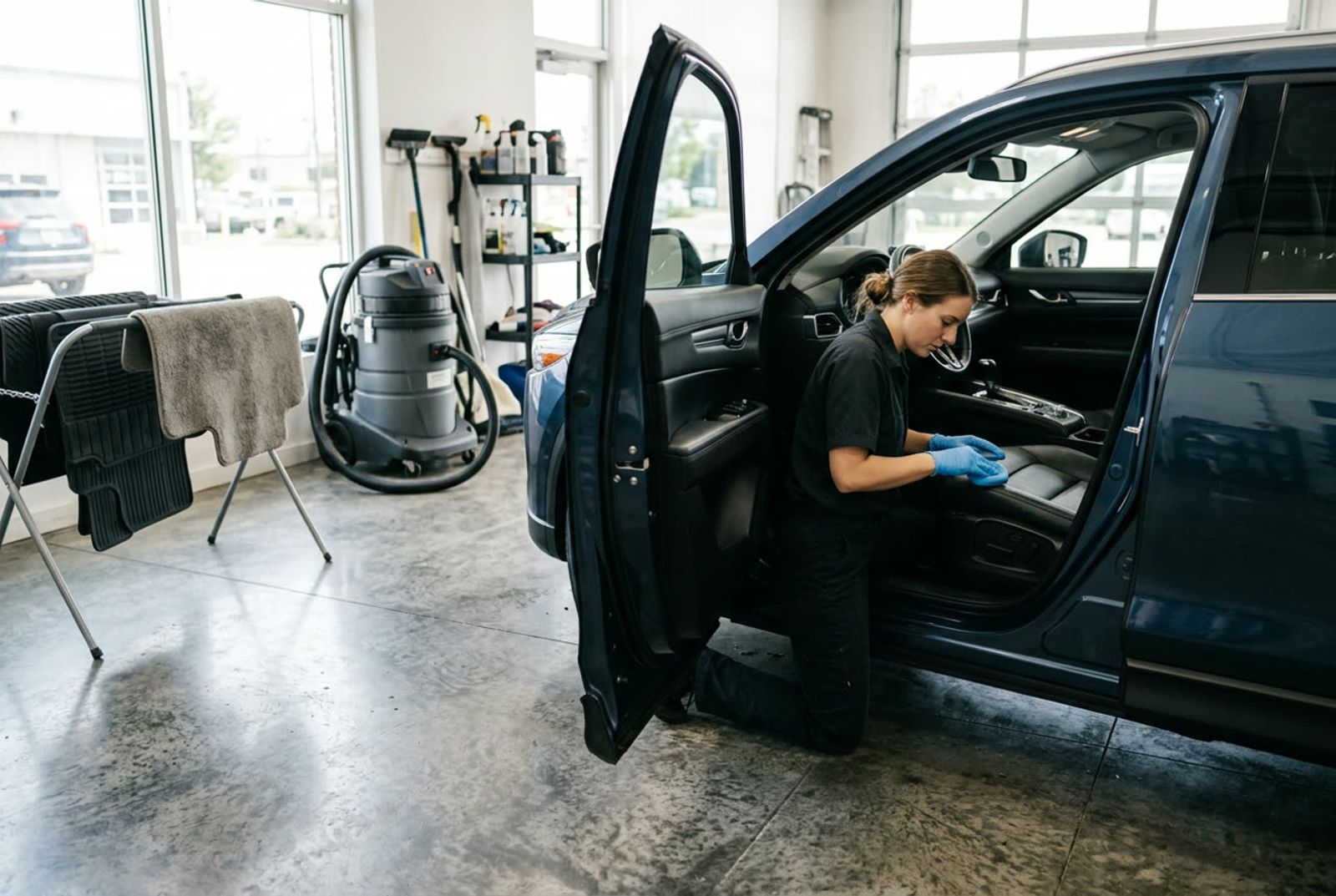 Interior protectant being applied to a clean leather car seat