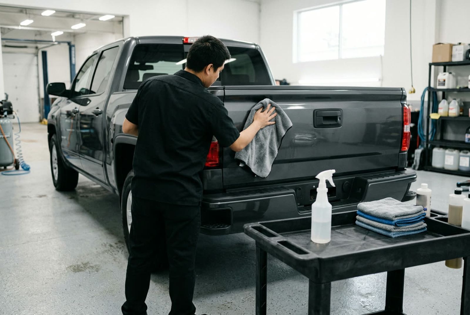 Pickup truck being detailed inside a professional shop bay