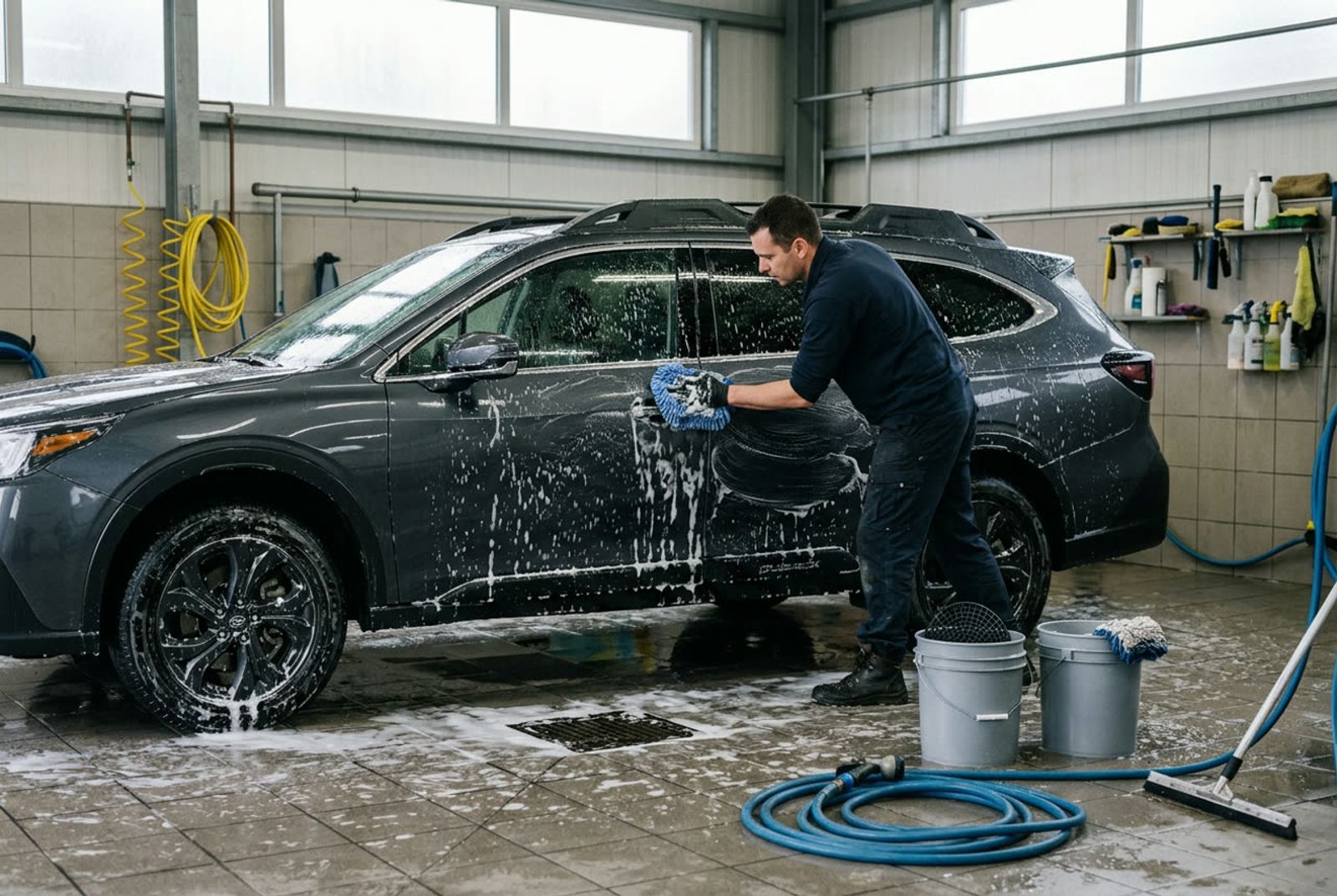 Foam being rinsed from dark car paint with a pressure washer in a detail bay