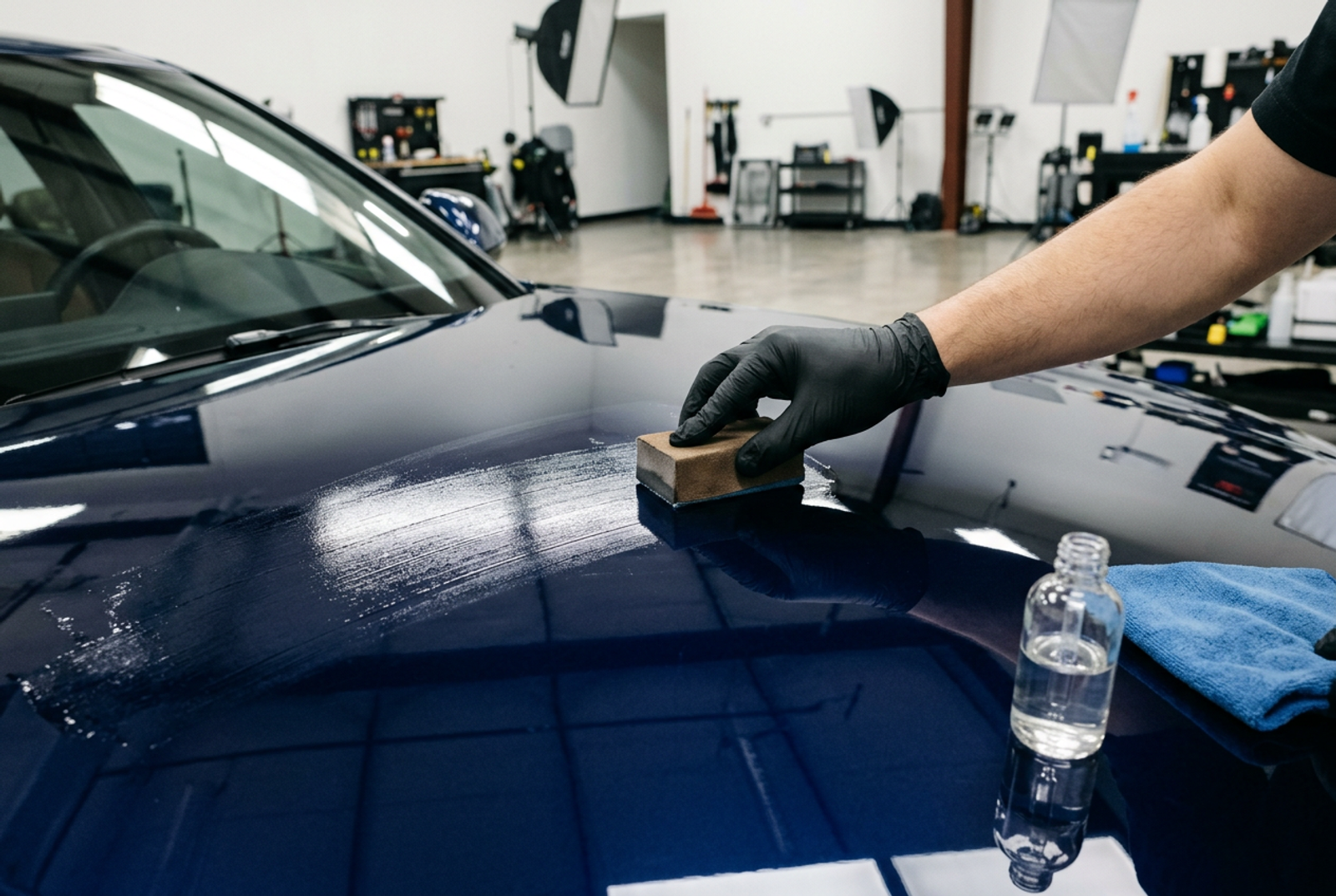 Ceramic coating being applied to black car paint