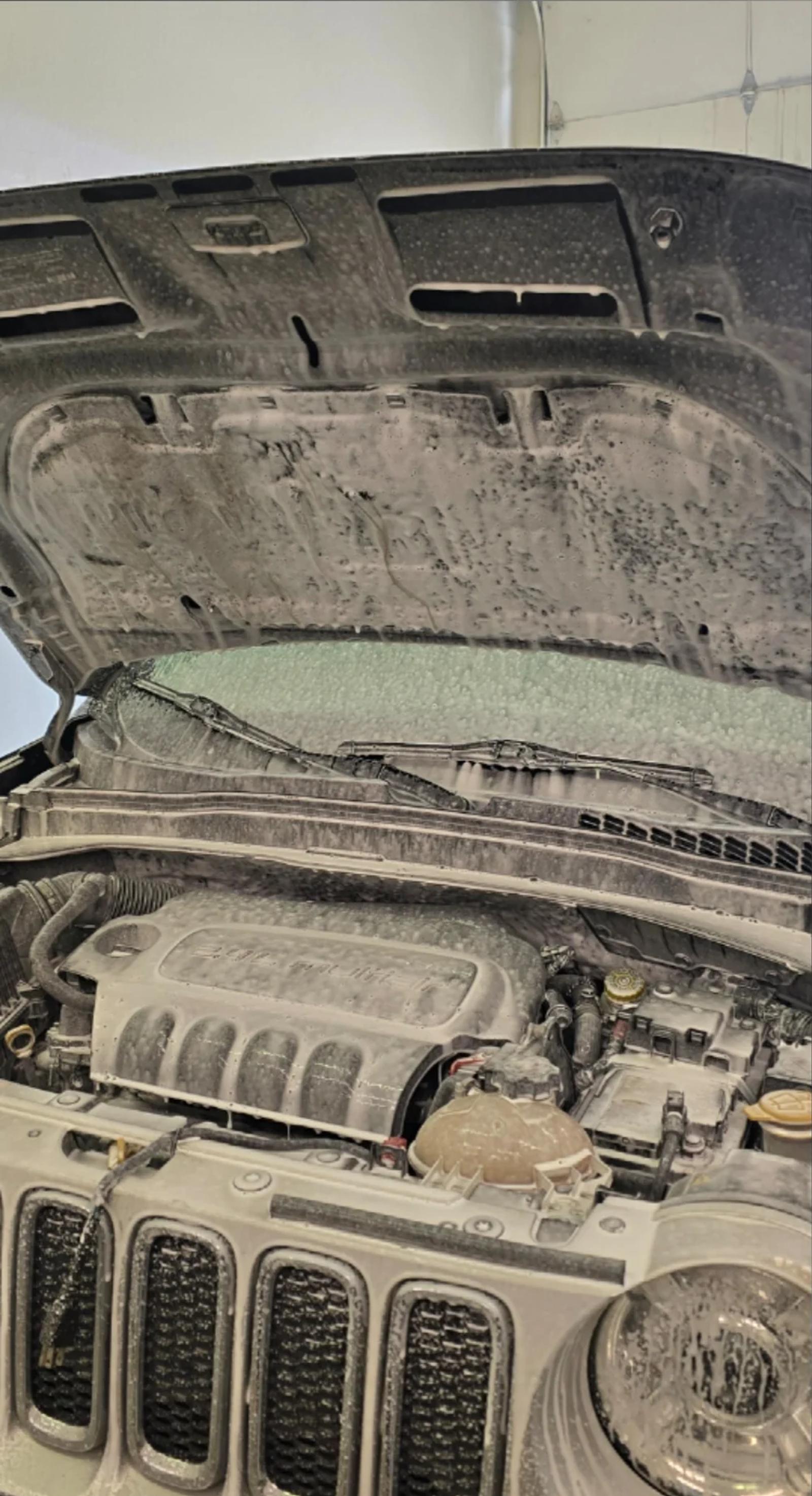 Jeep Renegade engine compartment grime before detailing