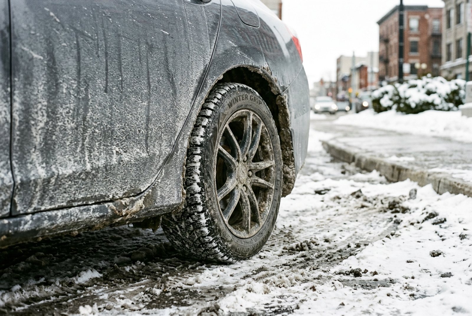 Salt-covered SUV on a snowy Anchorage winter road