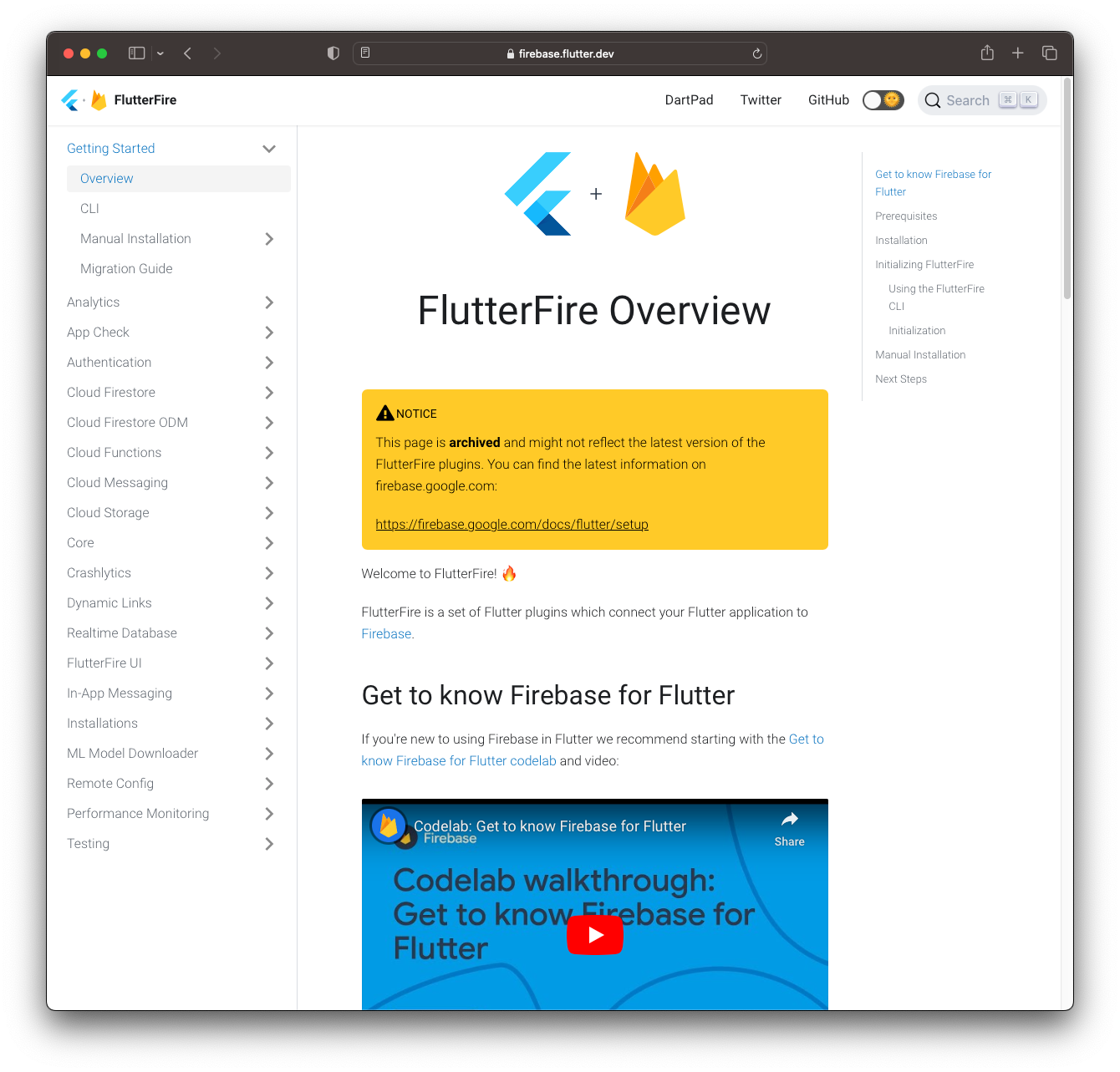 Screenshot of the FlutterFire documentation website