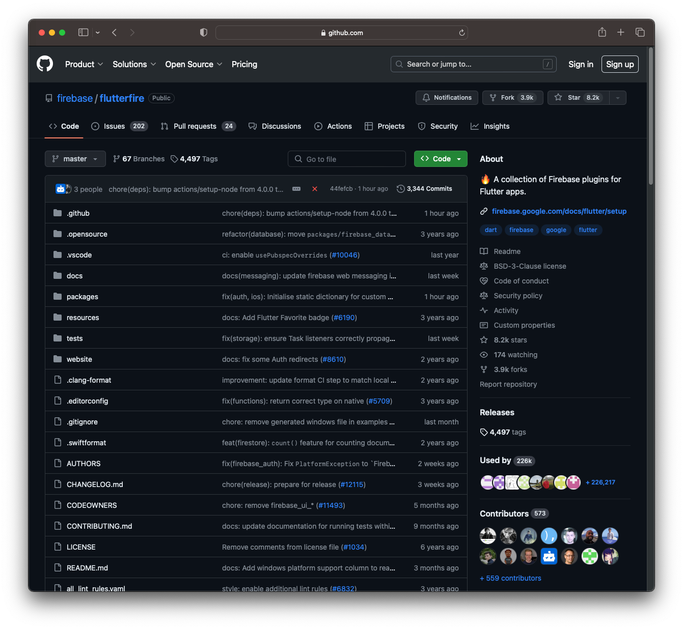 A screenshot of the Flutter Firebase Git Repository on GitHub.