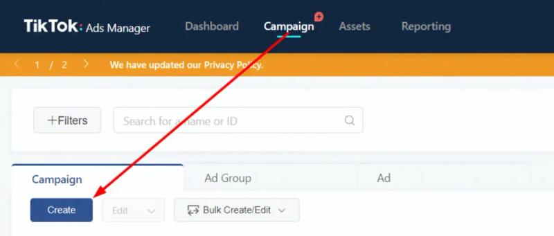 TikTok Ads manager campaign tab