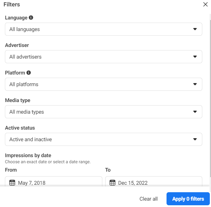 Facebook Ads library filters