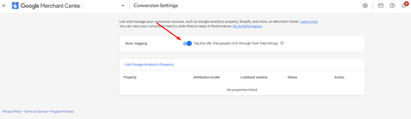 Google Merchant center conversion settings auto-tagging