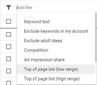 Google Keyword Planner keyword filtering