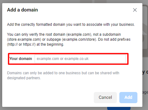 Facebook Business Settings domain name input