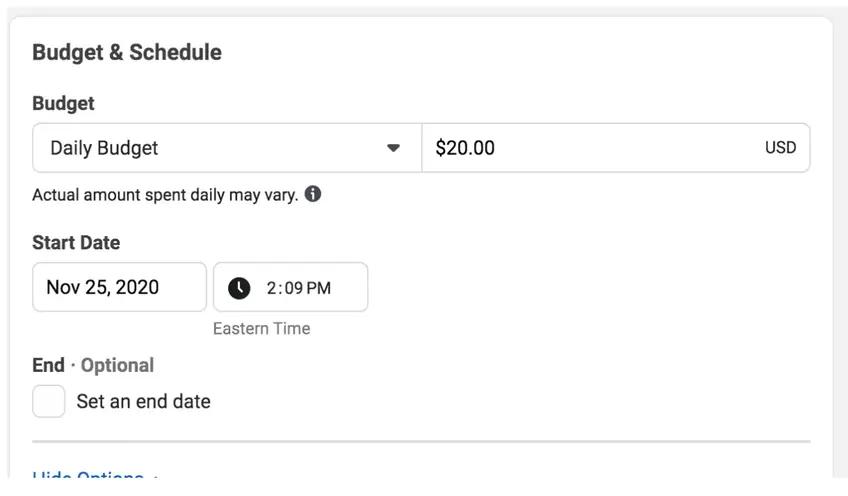 Facebook Ads budget and schedule
