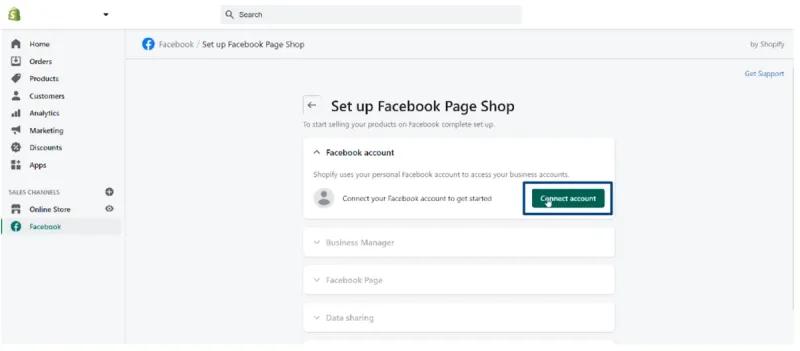 Shopify connecting a Facebook account