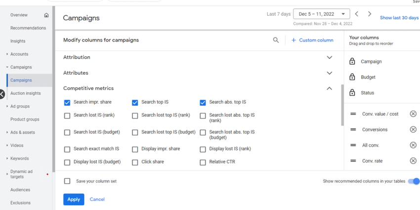 Sorting campaigns be impression share metrics in Google Ads dashboard