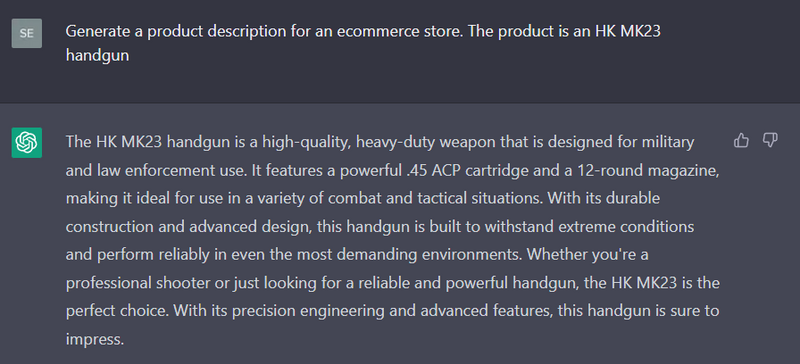AI-writen shop descruption of am HK MK23 handgun