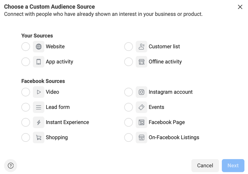Facebook custom audience sources