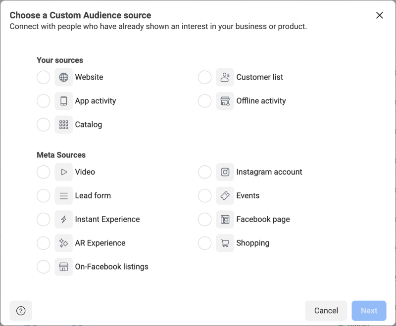 Facebook Ads Manager custom audience source