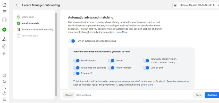 Facebook pixel automatic advanced matching