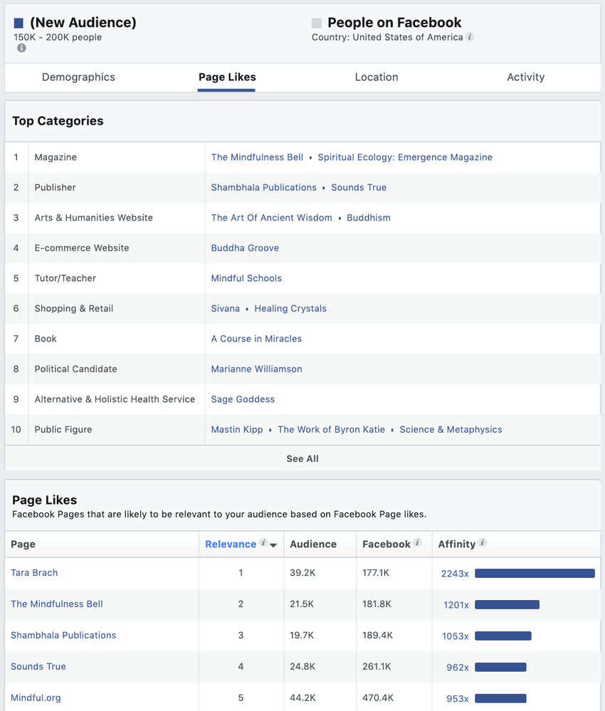 Facebook Audience Insights page likes tab