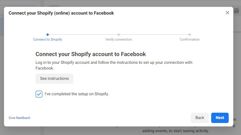 Facebook pixel connecting a Shopify account