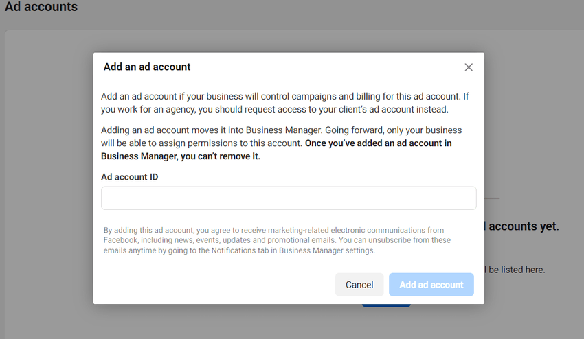 Facebook Business manager ad account ID input field