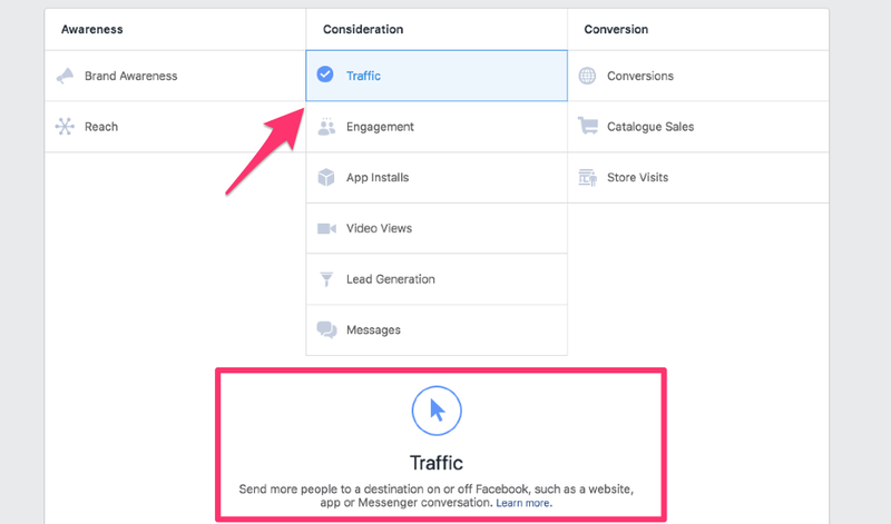 Facebook ads Traffic campaign objective