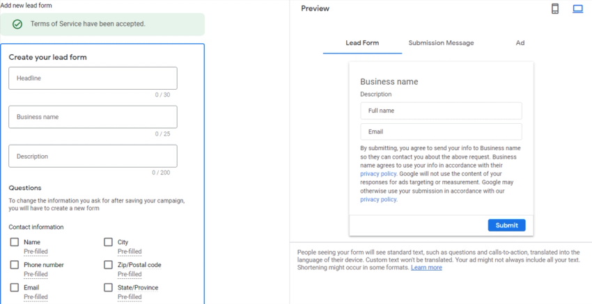 Google Ads lead form extension