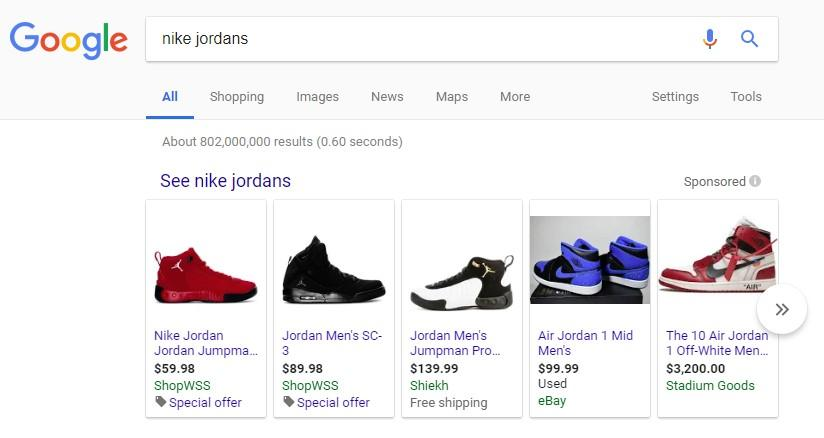 Example of Shopping Ads for a query "nike jordans"