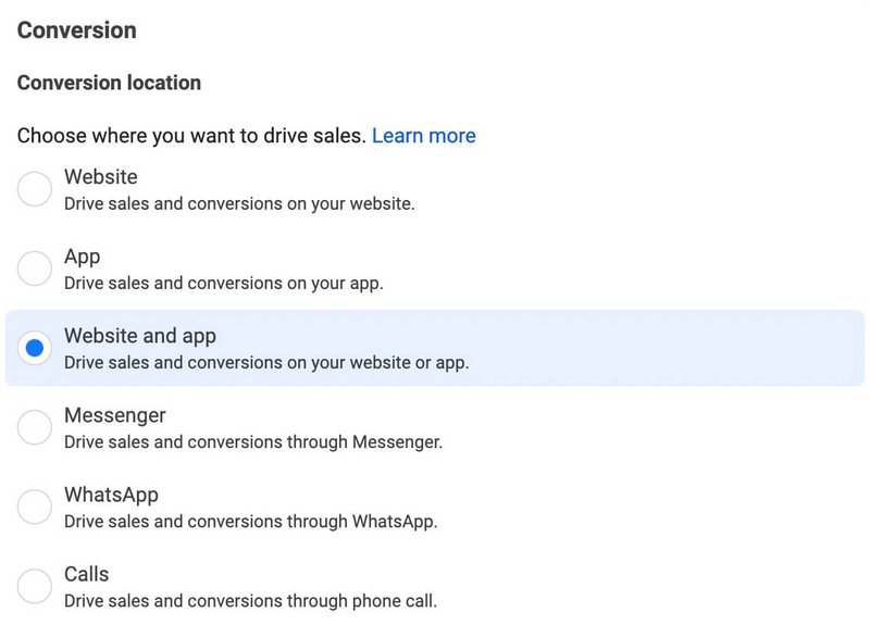 Facebook ads conversion location settings