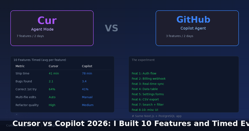Blog featured image: Cursor vs Copilot 2026: I Built 10 Features and Timed Every Single Step