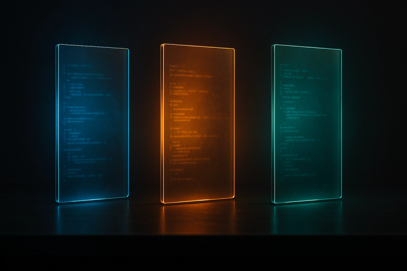Three glowing glass panels side by side in blue, amber, and teal on a dark background