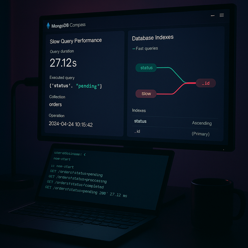 MongoDB indexing visualization showing fast and slow query paths on a developer workspace