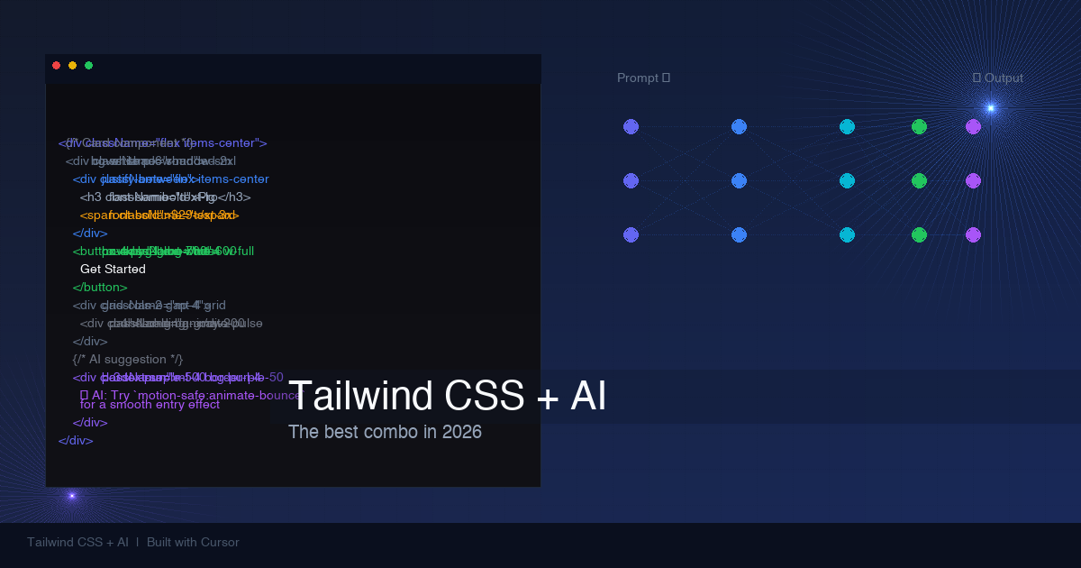 Code editor showing Tailwind CSS component with AI neural network visualization on dark background