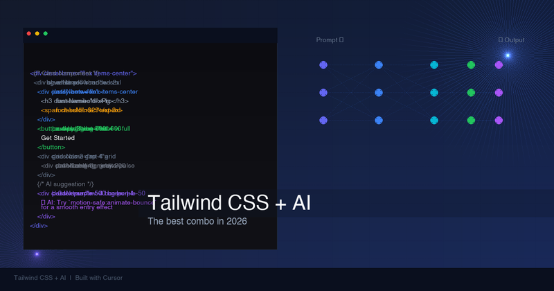 Code editor showing Tailwind CSS component with AI neural network visualization on dark background