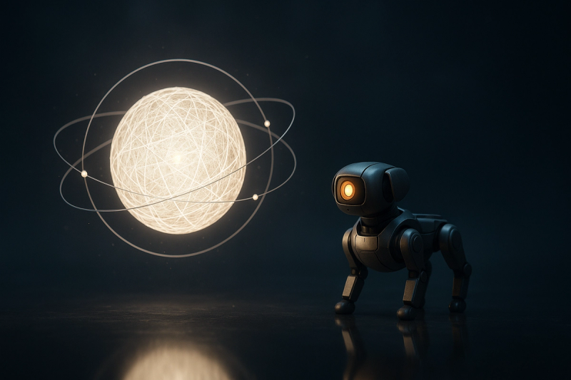 A glowing sphere of woven light with a small robot dog beside it on a dark reflective surface