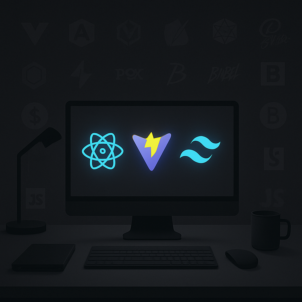 React, Vite, and Tailwind glowing while other tools fade into the background