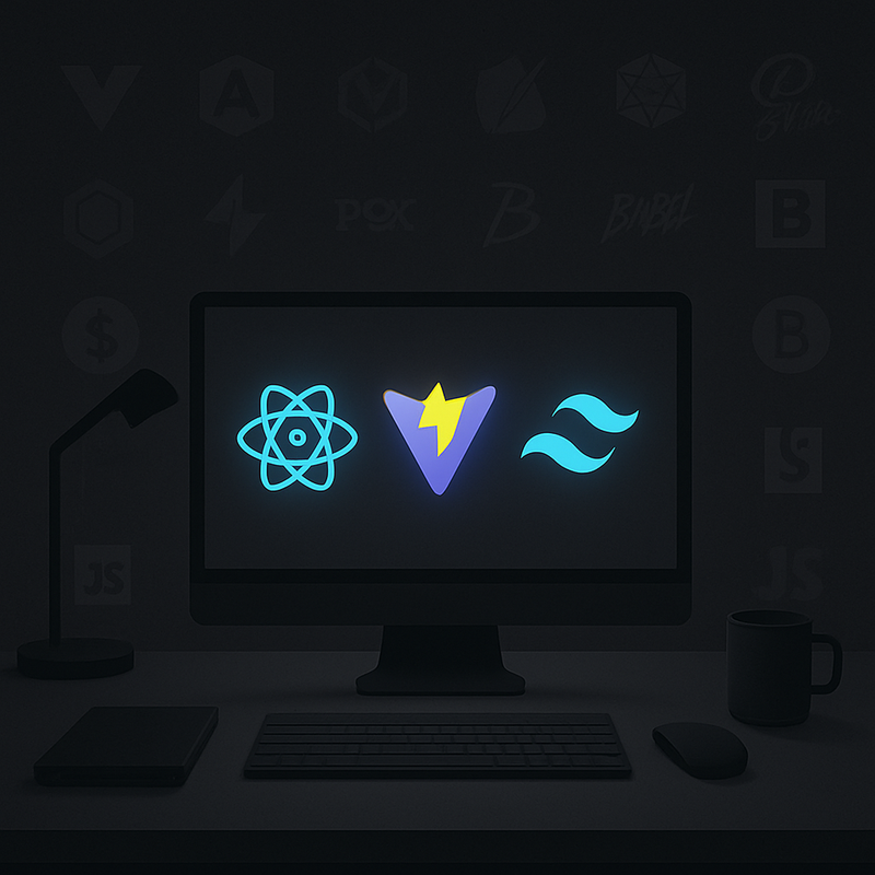 React, Vite, and Tailwind glowing while other tools fade into the background