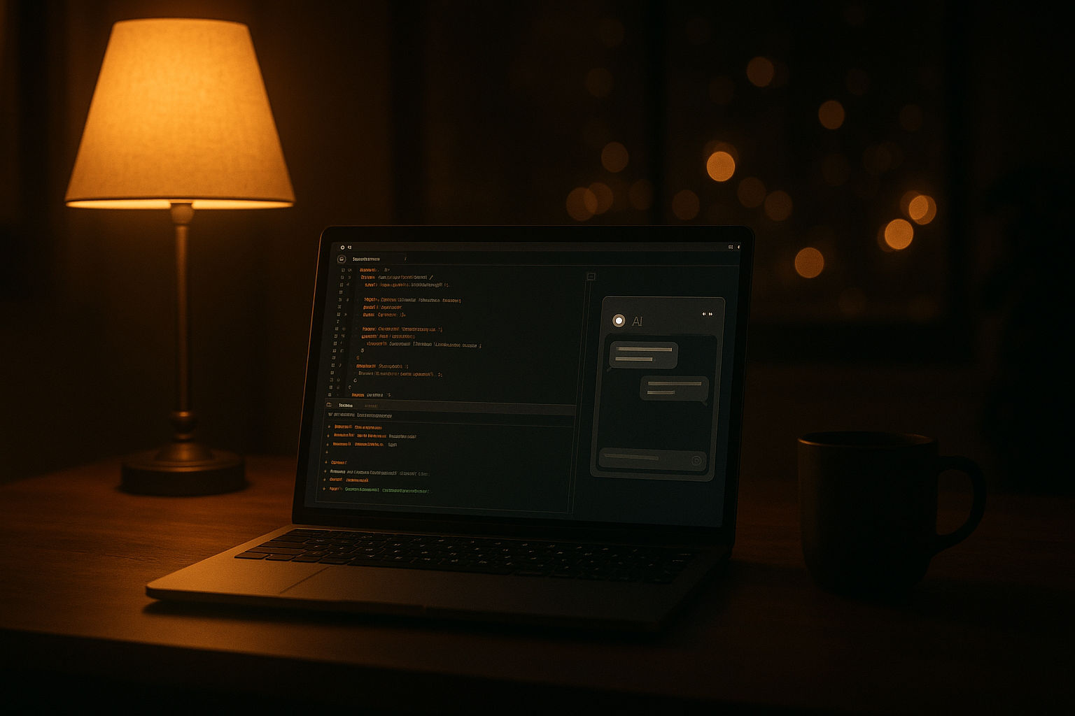 Developer desk at night with a laptop showing code and an AI chat window