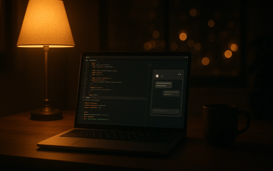 Developer desk at night with a laptop showing code and an AI chat window