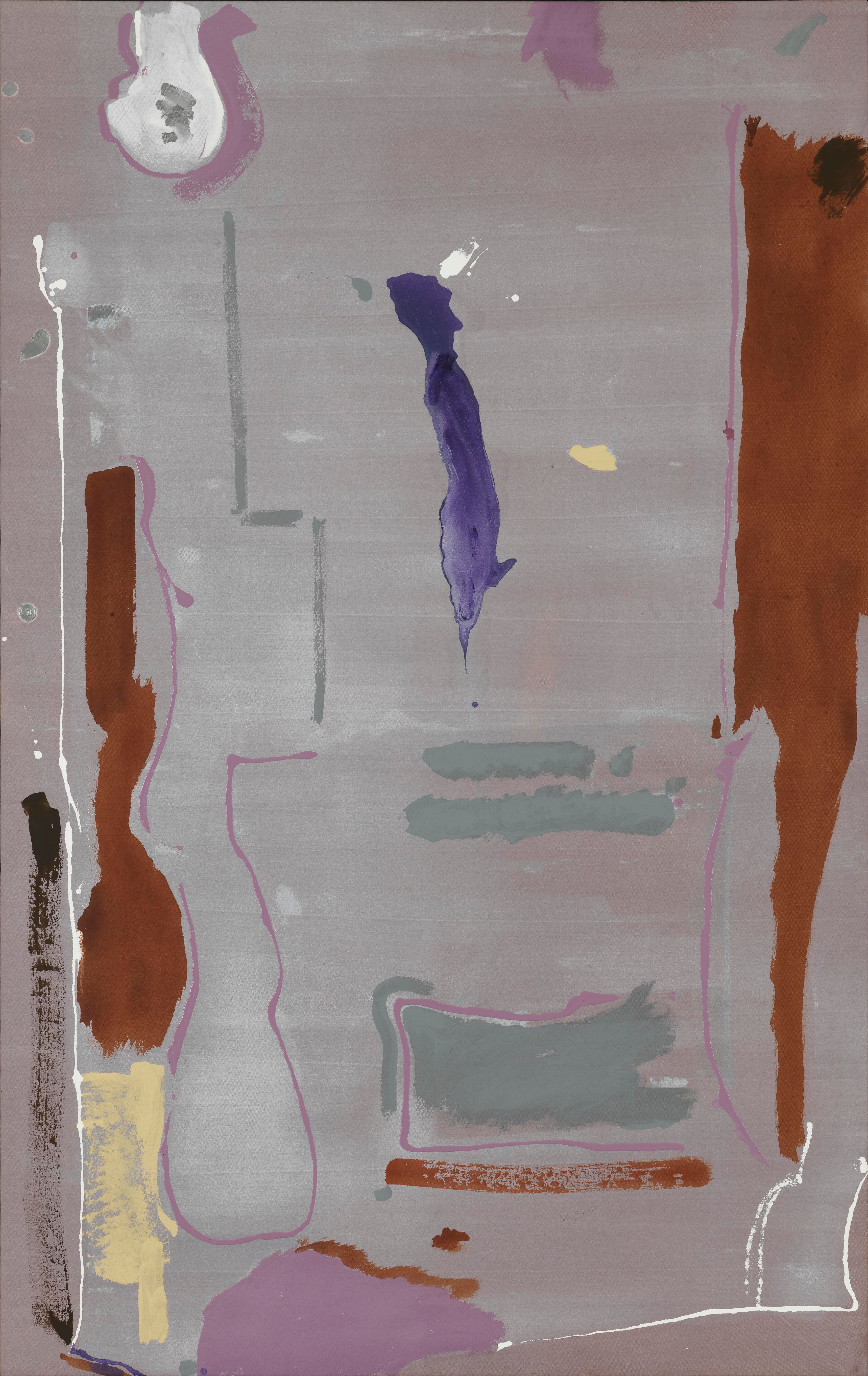 A large abstract painting hangs on a white wall, featuring a muted mauve background layered with expressive, irregular shapes and brushstrokes. Vertical and curved forms in rust orange, deep purple, pale pink, gray, and hints of yellow appear to float across the surface, creating a sense of movement and spatial depth. Thin linear marks and soft gradients give the composition a fluid, atmospheric quality.