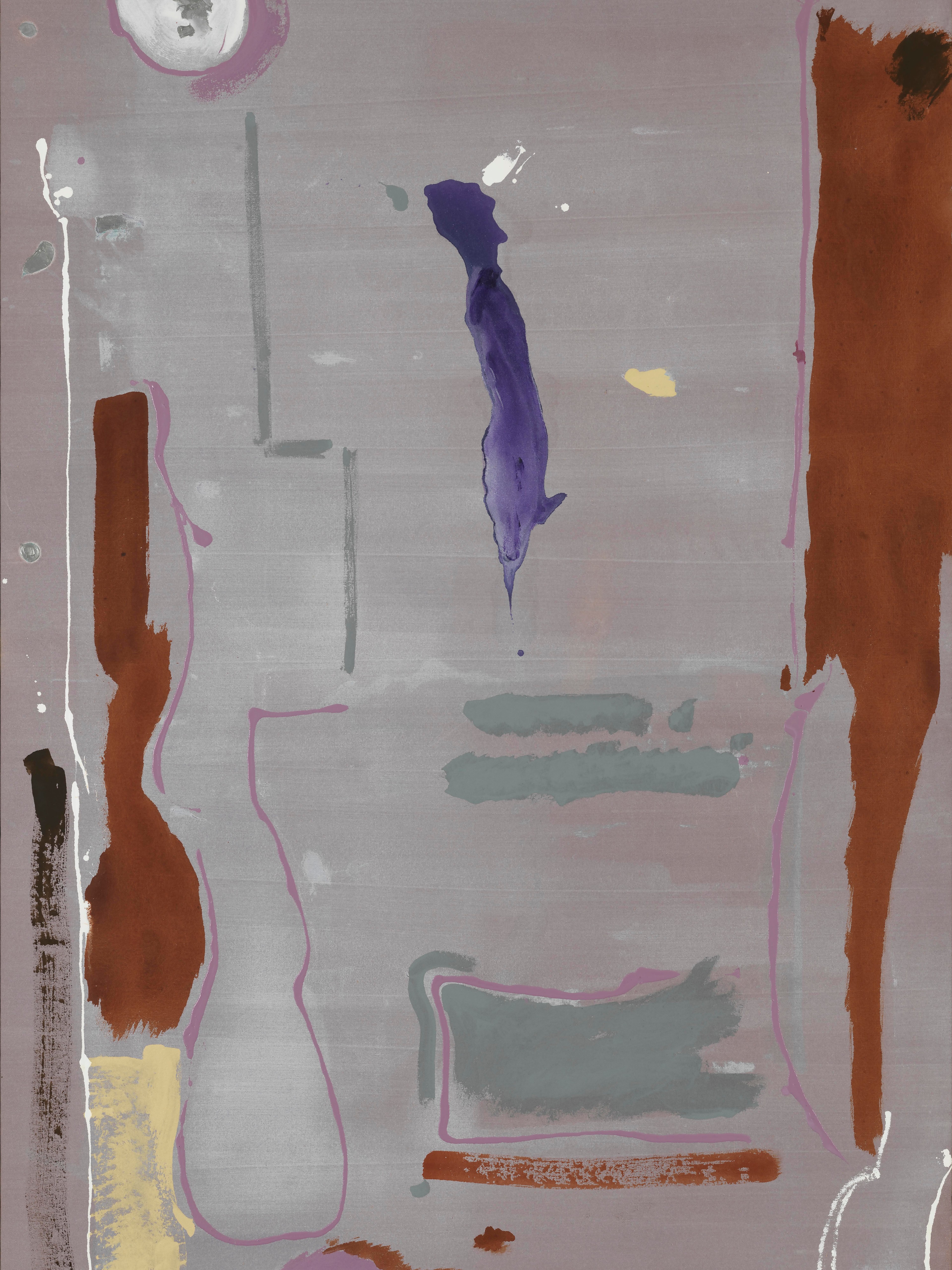 A large abstract painting hangs on a white wall, featuring a muted mauve background layered with expressive, irregular shapes and brushstrokes. Vertical and curved forms in rust orange, deep purple, pale pink, gray, and hints of yellow appear to float across the surface, creating a sense of movement and spatial depth. Thin linear marks and soft gradients give the composition a fluid, atmospheric quality.