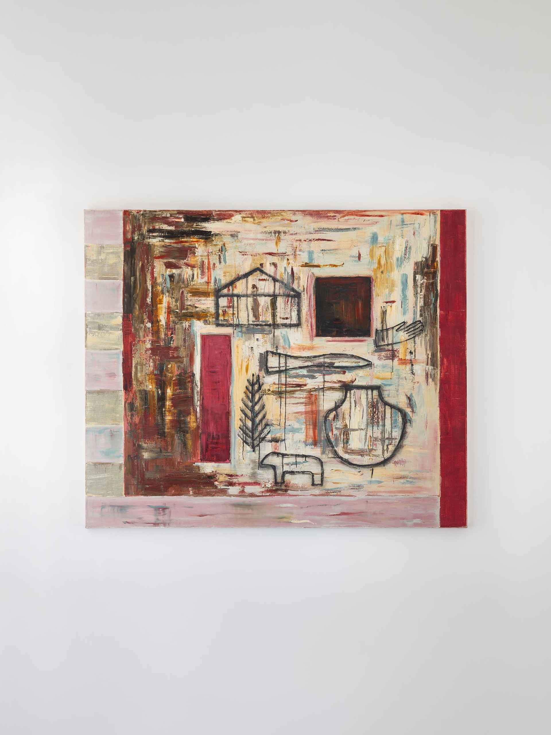 An abstract painting with a warm, earthy color palette featuring reds, browns, yellows, and muted blues. The composition includes a variety of rough, layered brushstrokes and several outlined symbols: a house-like shape at the top, a rectangular door, a dark square, two hands, a leaf or branch, a fish, a vase-like shape, and a small animal form near the bottom. The painting is bordered by vertical marble columns and mounted on a white wall.