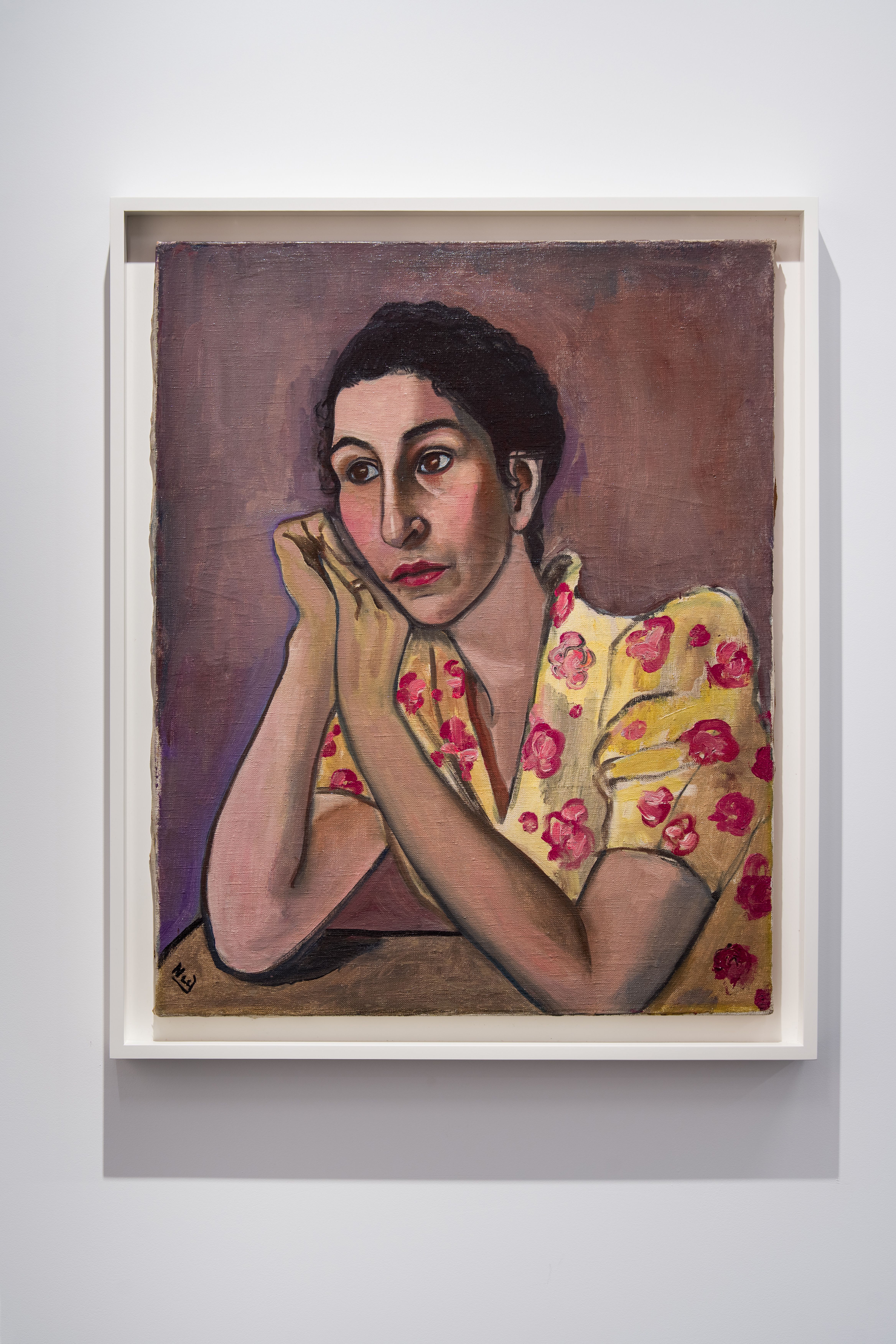 A painted portrait of a woman resting her chin on her clasped hands, gazing pensively to the side. She wears a yellow dress with pink floral patterns, set against a muted purple background. The brushwork emphasizes her introspective expression and emotional depth.