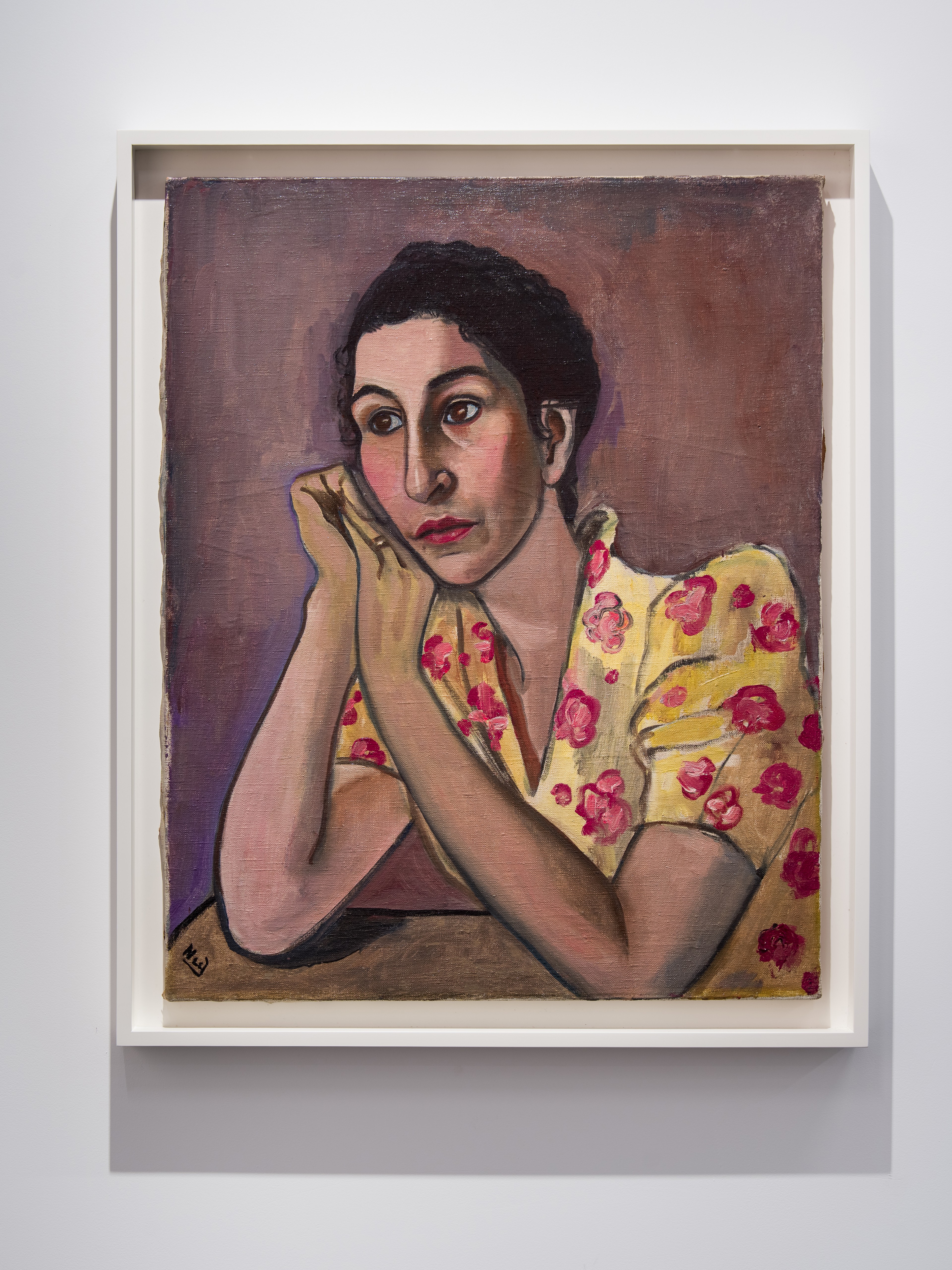 A painted portrait of a woman resting her chin on her clasped hands, gazing pensively to the side. She wears a yellow dress with pink floral patterns, set against a muted purple background. The brushwork emphasizes her introspective expression and emotional depth.