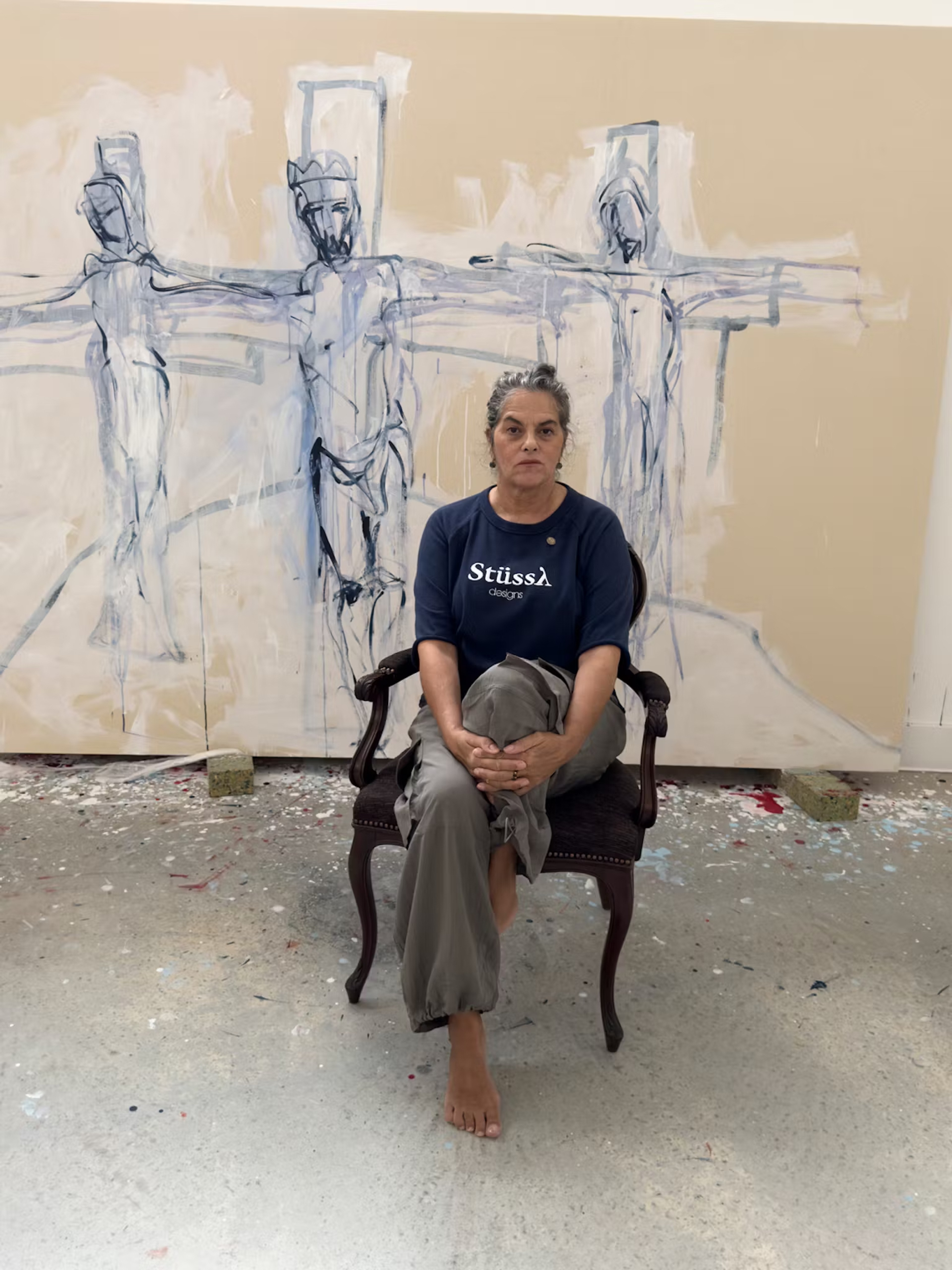  Tracey Emin in her studio in Margate, England, with a work in progress.