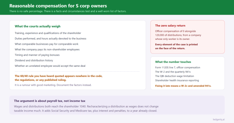 The factors courts weigh when testing reasonable compensation for an S corporation shareholder, alongside the zero salary return pattern that draws an examination.