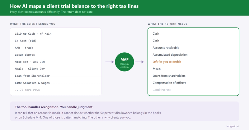 A messy client trial balance with account names like "1010 Op Cash - WF Main" and "Misc Exp - ASK JIM" mapped across to standard tax return lines, with one account left for the preparer to decide