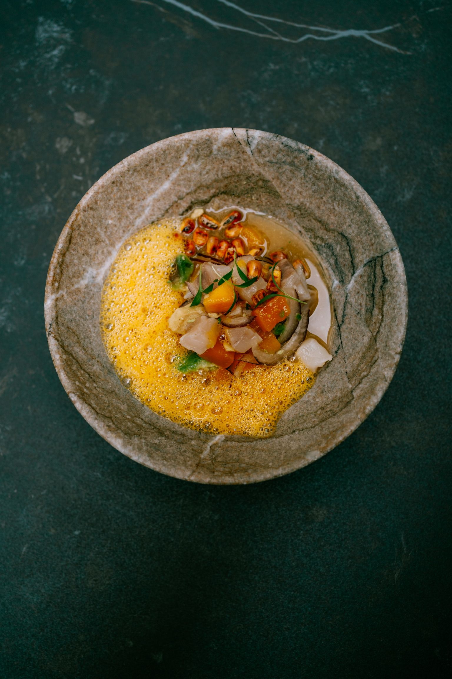 Marinated fish with toasted corn and yellow foam in a stone bowl