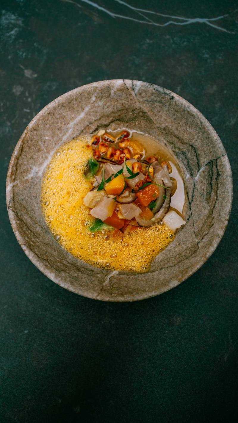 Marinated fish with toasted corn and yellow foam in a stone bowl
