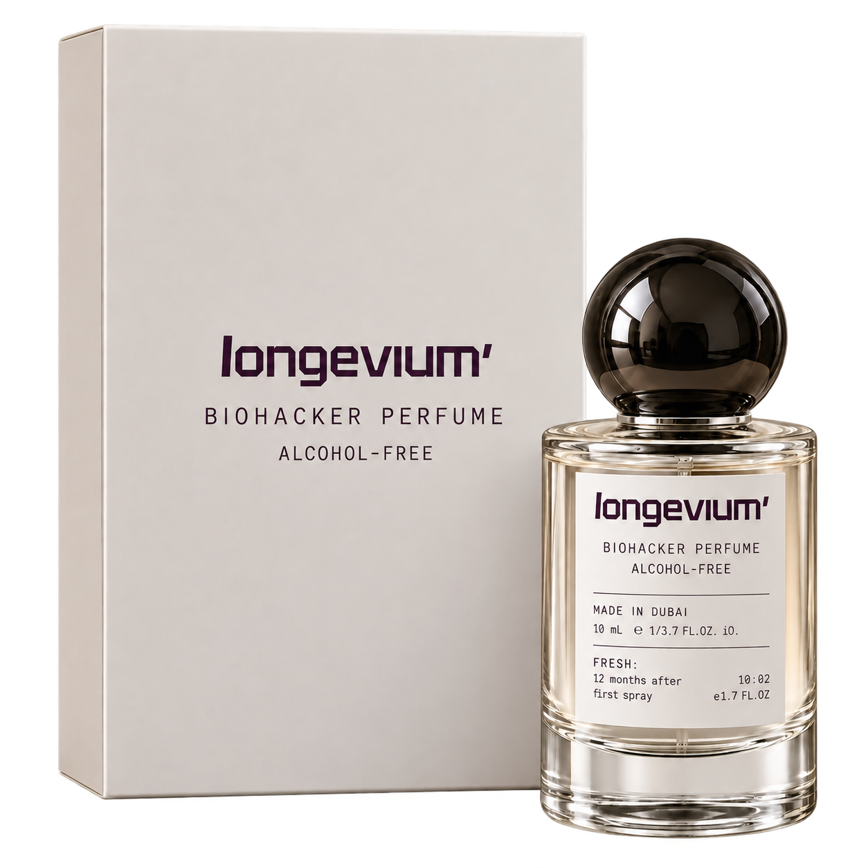 Longevium Biohacking Perfume N°01 – AIR bottle and box with ALCOHOL-FREE label